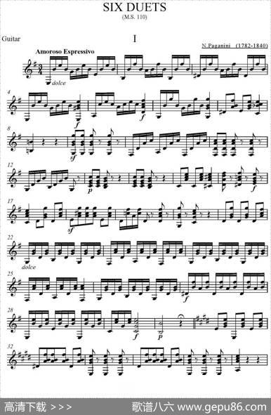 帕格尼尼六首《小提琴和吉他二重奏》(M.S.110)（吉他分谱）|帕格尼尼