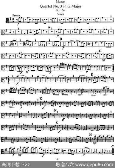 Mozart《QuartetNo.3inGMajor,K.156》（Viola分谱）