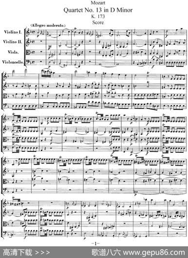 Mozart《QuartetNo.13inDMinor,K.173》（总谱）
