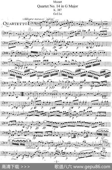 Mozart《QuartetNo.14inGMajor,K.387》（Cello分谱）