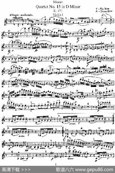 Mozart《QuartetNo.15inDMinor,K.421》（Violin1分谱）