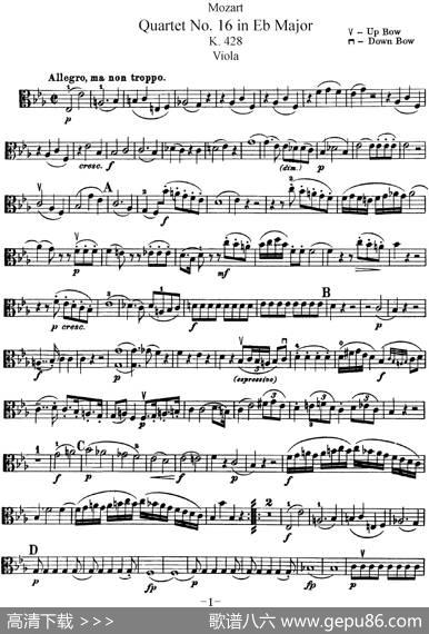 Mozart《QuartetNo.16inEbMajor,K.428》（Viola分谱）