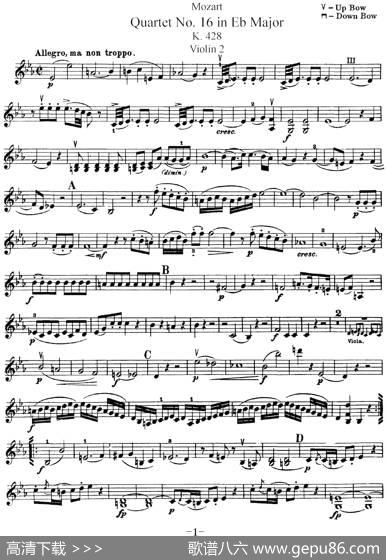 Mozart《QuartetNo.16inEbMajor,K.428》（Violin2分谱）