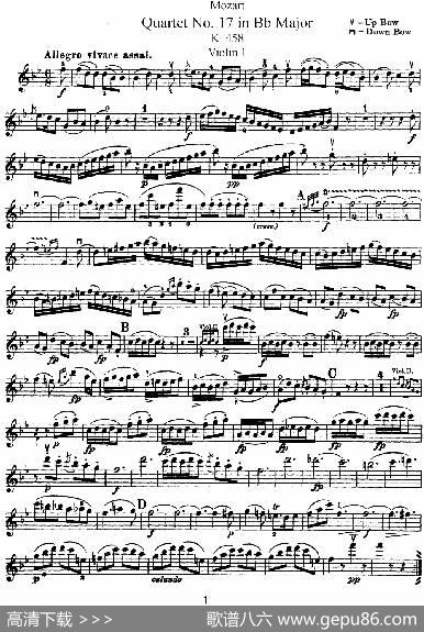 Mozart《QuartetNo.17inBbMajor,K.458》（Violin1分谱）
