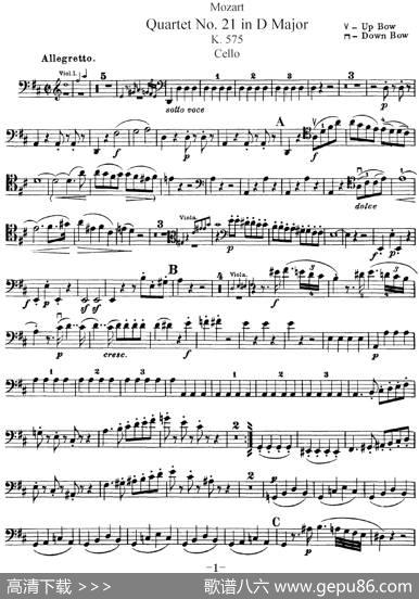 Mozart《QuartetNo.21inDMajor,K.575》（Cello分谱）