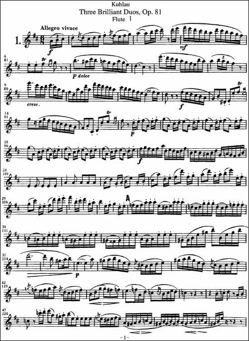 库劳长笛二重奏练习三段OP.81——Flute-1-NO.1-长笛五线谱|长笛谱