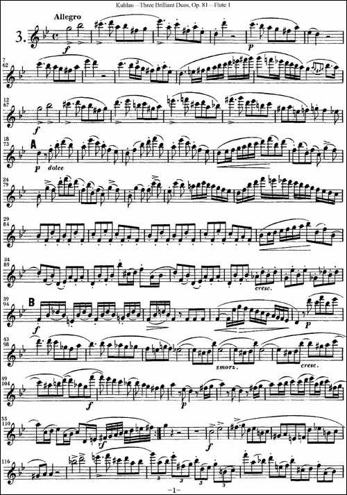 库劳长笛二重奏练习三段OP.81——Flute-1-NO.3-长笛五线谱|长笛谱