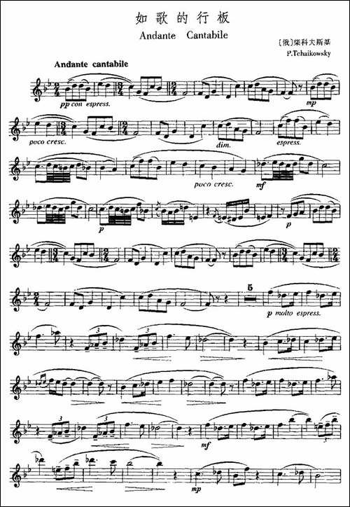 如歌的行板-柴可夫斯基作曲版-长笛五线谱|长笛谱