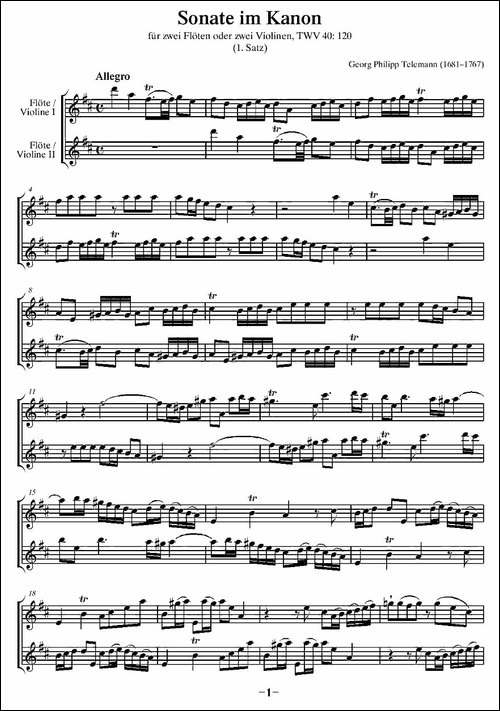 卡农奏鸣曲-二重奏-长笛五线谱|长笛谱