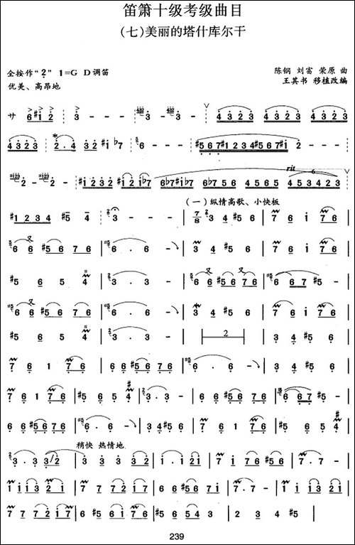 笛箫十级考级曲目：美丽的塔什库尔干-笛箫简谱|笛箫谱