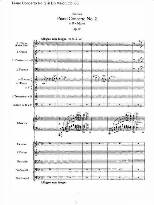 Bb大调钢琴第二协奏曲, Op.83第一乐章-一-钢琴谱