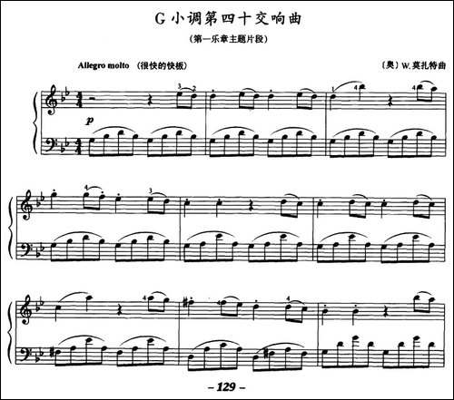 G小调第四十交响曲-第一乐章主题片段-钢琴谱