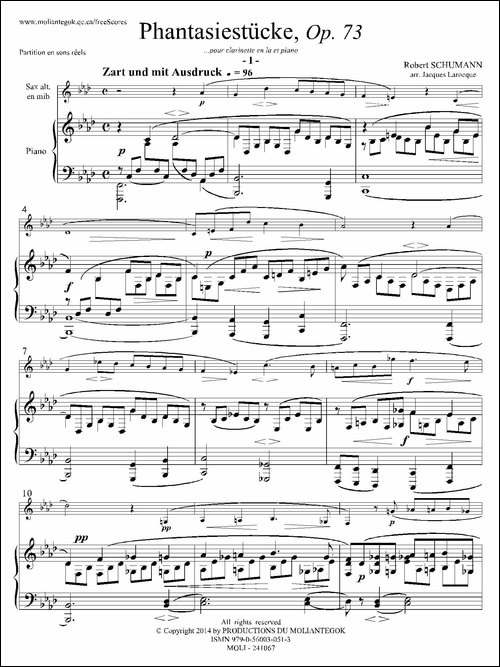 舒曼幻想曲三首-Op73-Ⅰ-中音萨克斯+钢琴伴奏-萨克斯谱